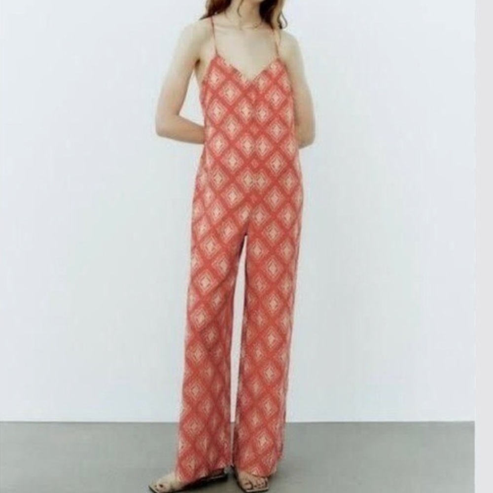 NWT Zara The Jami Jumpsuit Ikat Pattern Geometric Print Wide Leg